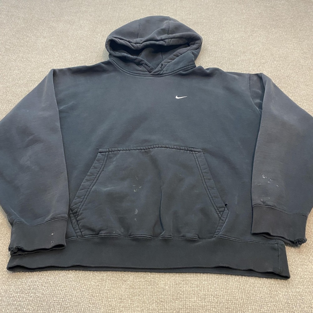 Nike Hoodie Mens Large Gray Pullover Swoosh Logo Distressed Skater Sweatshirt